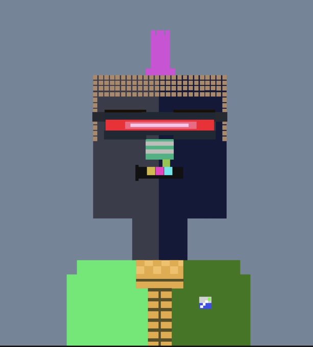 A pixel art illustration shows a character with a dark rectangular head, red visor, and pink antenna, wearing a green shirt, standing on green grass with a yellow ladder-like structure.