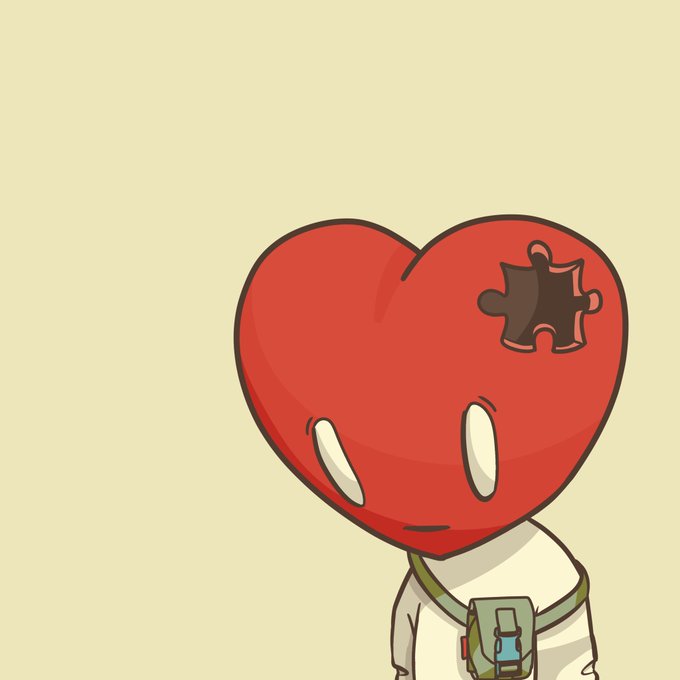 A digital illustration of an anthropomorphic red heart character with a puzzle piece hole in its upper right side, wearing a white outfit and a green backpack, set against a plain background.