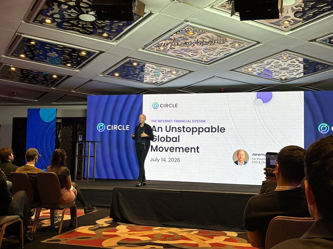 A presentation at a Circle (the internet financial system) event titled 'An Unstoppable Global Movement' dated July 14, 2026, with a speaker addressing an audience.