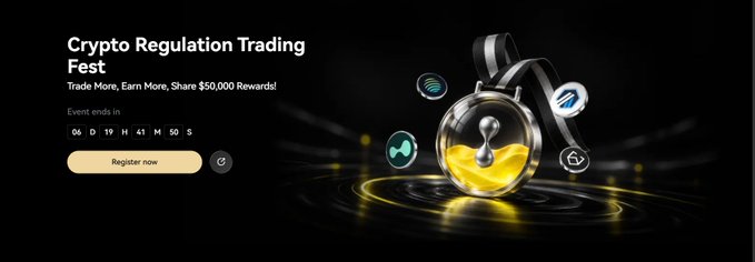 Promotional banner for a 'Crypto Regulation Trading Fest' offering $50,000 rewards, featuring a 3D hourglass with gold coins and a 'Register now' button.