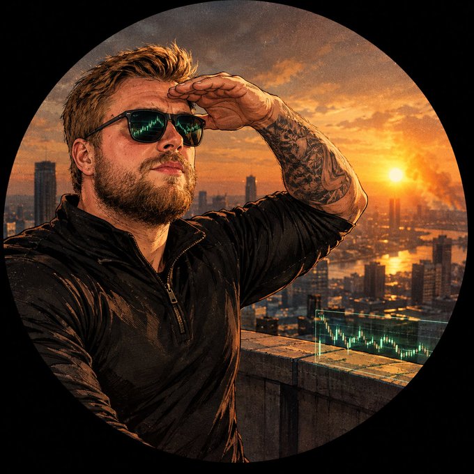 A circular stylized digital illustration of a tattooed man wearing sunglasses with green chart reflections, looking out over a city skyline at sunset with a holographic chart display.
