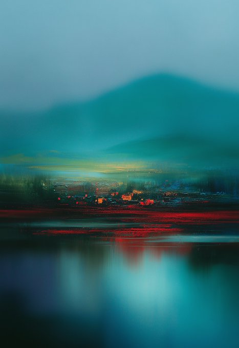 The image features an abstract painting with a blue sky background that has been rendered in shades of green and red. The painting depicts a serene landscape, possibly a lake or river, with reflections of trees and buildings visible in the water. The artist's use of color creates a sense of depth and tranquility within the scene.