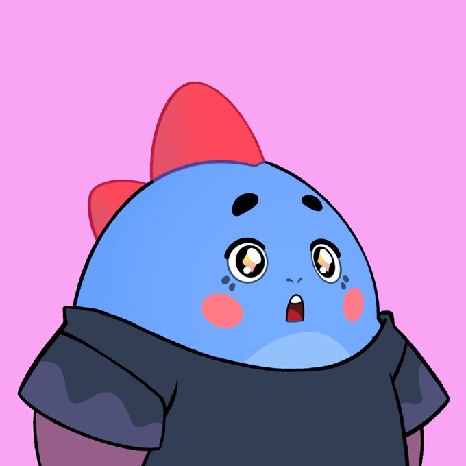A cartoon illustration of a small blue creature with a red bow on its head, wide teary eyes, and blushing cheeks, wearing a black shirt against a pink background.