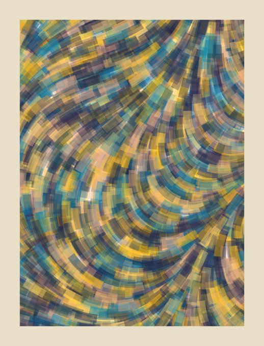 An abstract digital artwork composed of swirling, curved mosaic patterns in shades of blue, yellow, and earthy brown tones, evoking the pixelated, generative aesthetic common to Art NFTs. The flowing, rhythmic composition reflects the vibrant, algorithmically-inspired creativity associated with the current NFT art season.