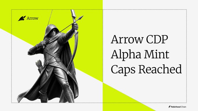 A promotional graphic for 'Arrow CDP Alpha Mint Caps Reached' by Robinhood Chain, featuring a grayscale illustration of an archer drawing a bow against a lime green and white background.