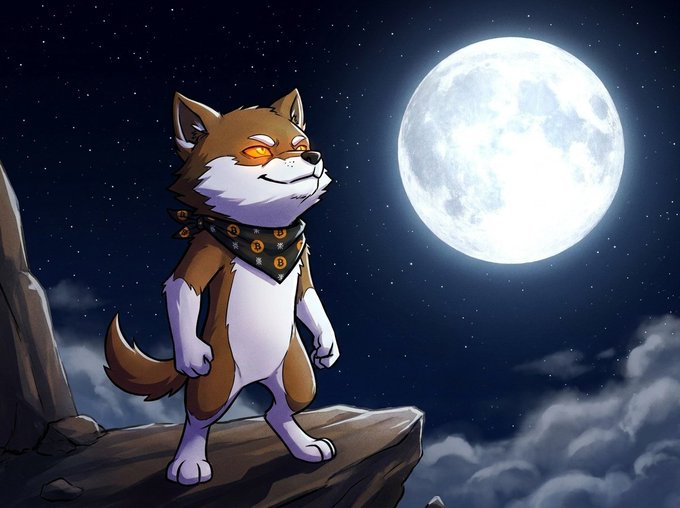 An animated illustration of a shiba inu dog wearing a bitcoin-patterned bandana standing on a rocky cliff edge under a full moon with a starry night sky.