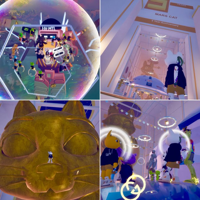 A collage of four images showing scenes from what appears to be a virtual event called 'MARS CAT 5 Year Anniversary,' featuring avatar characters including a white cat, a large golden cat statue, and a space-themed setting.
