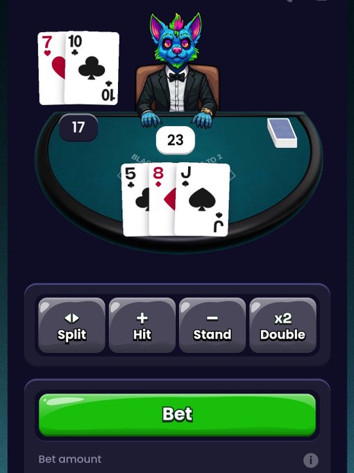 A digital blackjack game interface shows a colorful canine dealer at the table with cards visible (7, 10 for dealer; 5, 8 for player) and gameplay buttons for Split, Hit, Stand, and Double.