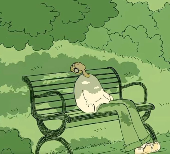 A cartoon-style illustration of a person relaxing on a park bench, leaning back with headphones on and wearing a white shirt, surrounded by green foliage and trees.
