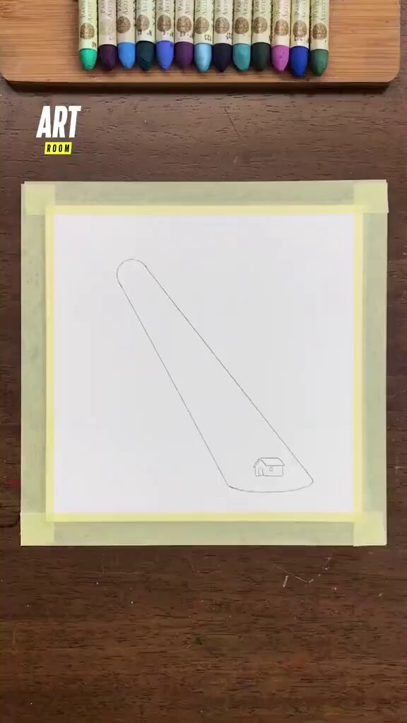 The image features a wooden table with a white paper drawing of a house, which appears to be a sketch or doodle. The drawing is placed on a yellow tape that has been used for outlining purposes. The background of the image includes various colored markers scattered around the table and some other objects like a cup and a bowl. The text "Lightning method" can be seen in the image, which might be related to the technique or style being used by the artist who created this drawing.