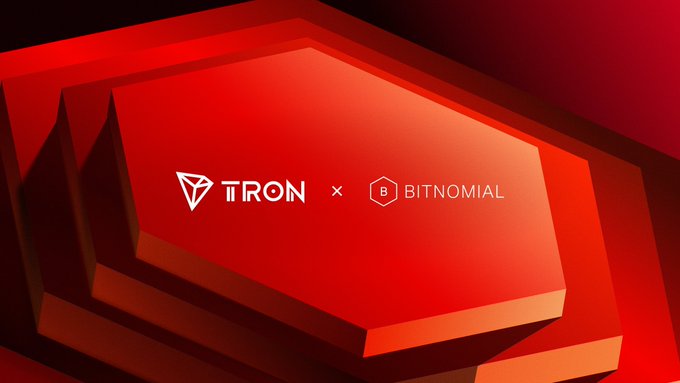 The image features a red hexagon-shaped logo for the cryptocurrency exchange TRX, which has recently launched its U.S. Commodity Futures Trading Commission (CFTC) regulated exchange and clearinghouse @Bitnomial. The text on the image reads "TRX officially launches on the U.S. Commodity Futures Trading Commission @Bit Nomial", indicating that the platform is now available for U.S. market participants to access TRX through a compliant, regulated trading platform.