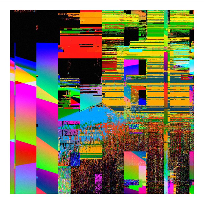 A vibrant digital glitch art piece featuring chaotic blocks of neon colors (red, green, yellow, blue, magenta) with pixelated distortions, horizontal scanline artifacts, and black voids, created through coded animation in Hydra and rendered as a 1/1 NFT for 300 XTZ. The composition's digital degradation and color fragmentation visually embody the "glitch" aesthetic described in the title.
