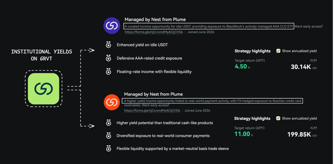 The image shows a screenshot of a financial dashboard with two columns displaying information about yield rates from two different sources, one being institutional funds and another being a vaulted account. The first column has a green square representing an institution's yield rate, while the second column features a purple square indicating a vaulted account's yield rate. The image also includes a small green icon of a person holding a book, which could be a symbol for knowledge or expertise in financial matters.