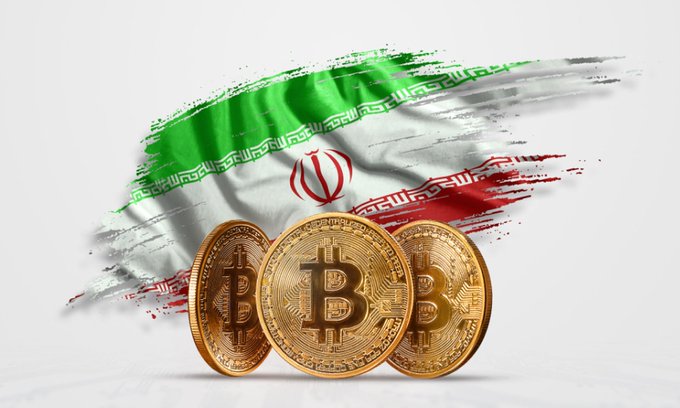 Gold Bitcoin coins stand in front of a painted Iranian flag, visually representing the reported $1 billion in Iranian-linked cryptocurrency assets seized or frozen by U.S. sanctions enforcement.
