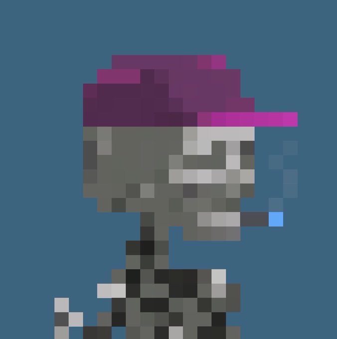 A pixel art illustration of a skeletal figure wearing a dark purple hat and smoking a cigarette, set against a solid blue background.