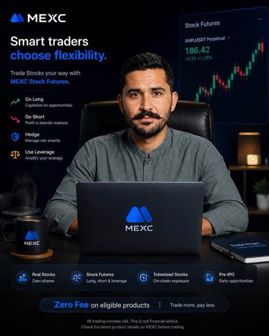 A MEXC promotional advertisement featuring a man at a laptop with text 'Smart traders choose flexibility' and 'Trade Stocks your way with MEXC Stock Futures,' highlighting features like Go Long, Go Short, Hedge, and Use Leverage, along with a stock chart showing AAPLUSD Perpetual at 186.42 (+2.35, +1.28%).