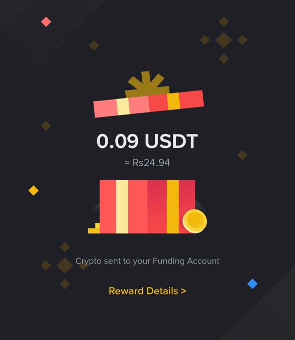 A mobile app screen showing a crypto reward of 0.09 USDT (≈ Rs24.94) with a 'Crypto sent to your Funding Account' message and a 'Reward Details' link.