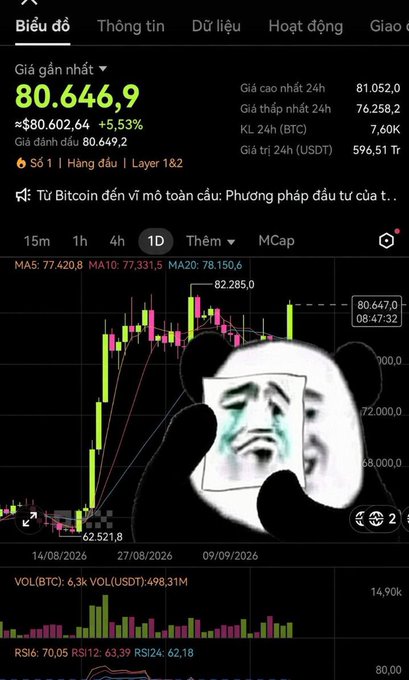 A Bitcoin price chart shows a value of 80,646.9 (up 5.53%), overlaid with a crying panda meme face.