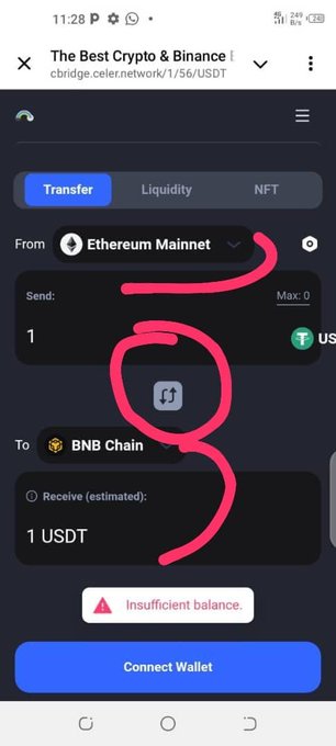 The image shows a mobile screenshot of the cBridge.celer.network platform, illustrating a cross-chain transfer attempt to send 1 USDT from Ethereum Mainnet to BNB Chain, with a red handwritten circle drawn around the swap icon and an "Insufficient balance" warning displayed before the user clicks "Connect Wallet." This relates to the post's tease about upcoming cross-chain bridge functionality and ETH/USDT pools, as the screenshot demonstrates the cross-chain bridging interface in action.
