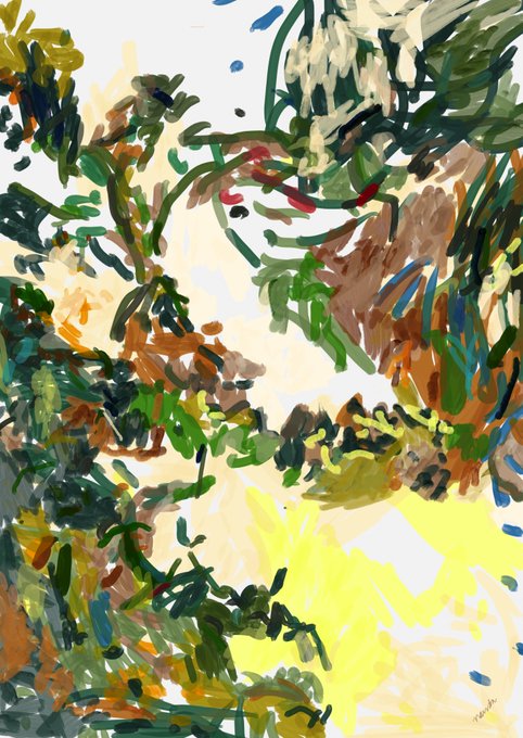 An impressionistic or abstract painted landscape depicting trees and foliage with visible, expressive brushstrokes in various shades of green, brown, yellow, and blue.