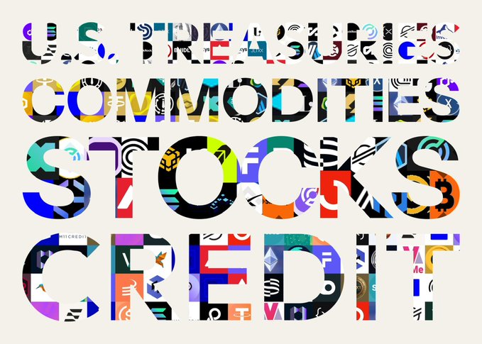 A colorful graphic with bold typography reading 'U.S. THEMES: COMMODITIES, STOCKS, CREDIT' filled with various logos and symbols.