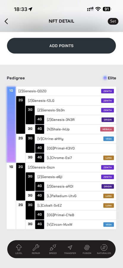 A mobile app screenshot titled 'NFT DETAIL' showing a pedigree tree for an 'Elite' NFT with multiple generations (1G through 5G) of ancestors with various tags like ZENITH, ORIGIN, NEBULA, VEGA, and LUNA.