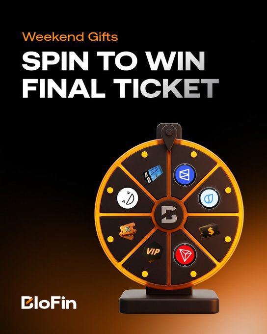 The image displays a promotional banner with the text "Weekend Gifts SPIN TO WIN FINAL TICKET" above an orange and black spin wheel featuring various prize icons including a VIP badge, cash, and gaming tokens. It relates to the post by showcasing the BloFin "Lucky Spin" event, where traders can spin the wheel for a chance to win a World Cup Final Ticket.