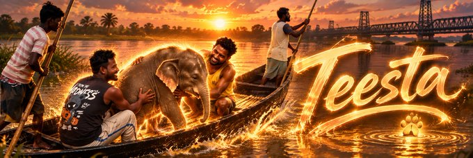A group of men in a wooden boat with a baby elephant float on a river at sunset near a bridge, with glowing golden text "Teesta" on the right side.