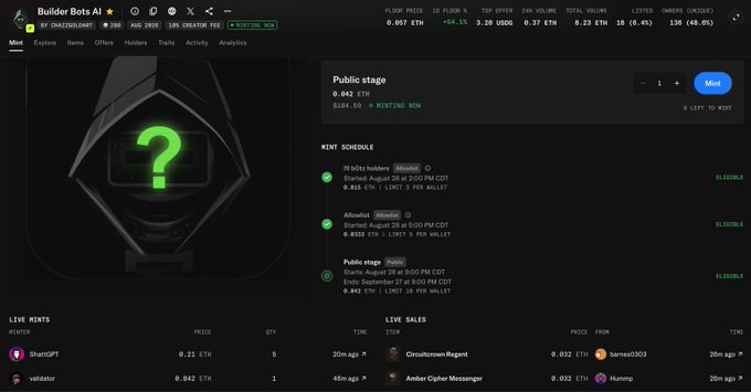 A Builder Bots AI NFT minting page showing a Public stage price of 0.042 ETH, a mint schedule, live mints, and live sales on a dark-themed interface.