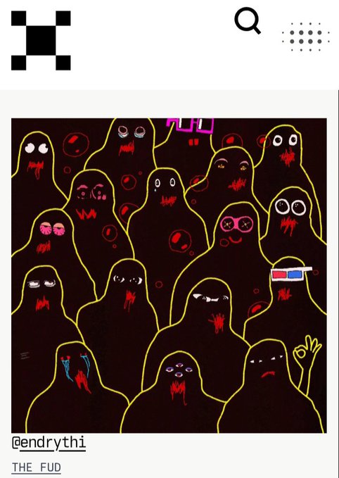 A digital artwork titled "THE FUD" by @endrythi features a crowd of ominous black-hooded ghost-like figures with glowing eyes and red "FUD" markings, one wearing classic 3D glasses and another making a peace sign, in a spooky-yet-playful aesthetic that complements the post's remix announcement with @XCOPYART.
