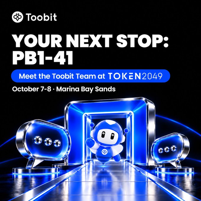 A promotional graphic for Toobit advertising their presence at TOKEN2049 in Singapore, stating "YOUR NEXT STOP: PB1-41" on October 7-8 at Marina Bay Sands, featuring a cute blue mascot character between two blue chat bubble icons.