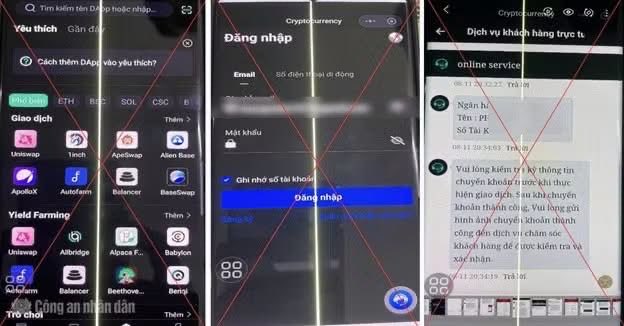 A three-panel screenshot warning about a cryptocurrency scam in Vietnam, showing a phishing crypto wallet interface with a large red X, a fake login screen with blurred credentials, and a fraudulent customer service chat attempting to steal assets.