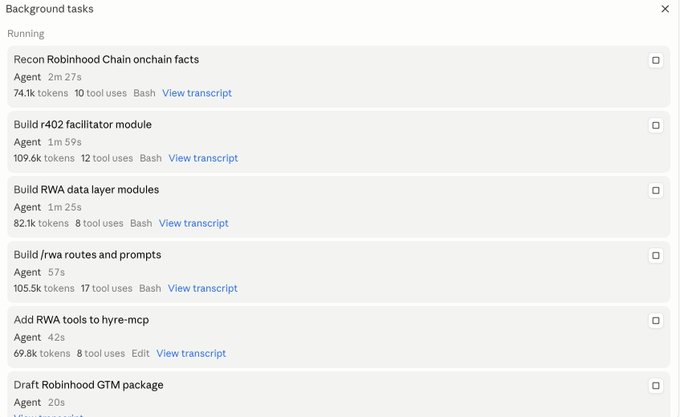 The image shows a "Background tasks" panel with six running agent tasks related to Robinhood Chain development, including tasks to "Recon Robinhood Chain onchain facts" (74.1k tokens), "Build r402 facilitator module" (109.6k tokens), "Build RWA data layer modules" (82.1k tokens), "Build /rwa routes and prompts" (105.5k tokens), "Add RWA tools to hyre-mcp" (69.8k tokens), and "Draft Robinhood GTM package." The panel illustrates the post's "ship fast with fable" theme by showing multiple AI agents working in parallel to build out infrastructure for Robinhood Chain, with high token usage (400k+ total) and 63 tool uses demonstrating aggressive parallel development.