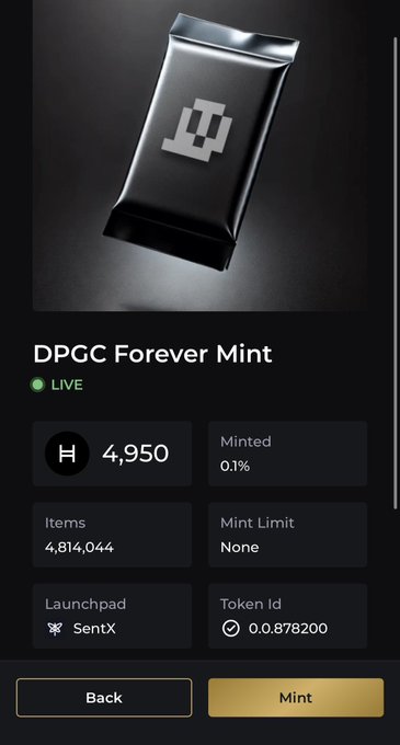 The image shows a cell phone screen displaying a message about a mint tin, which has been purchased. The phone's screen is black with gold text that reads "DPCG Forever Mint MINTED 0.69% 2M". The user appears to be interested in the mint tin and its benefits.