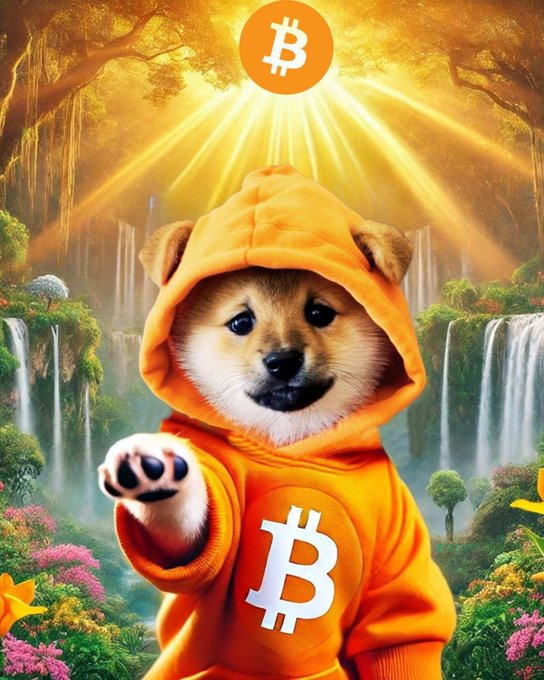 A digital artwork of a Shiba Inu dog wearing an orange hoodie with the Bitcoin symbol, set against a fantasy landscape with waterfalls and a glowing Bitcoin emblem in the sky.