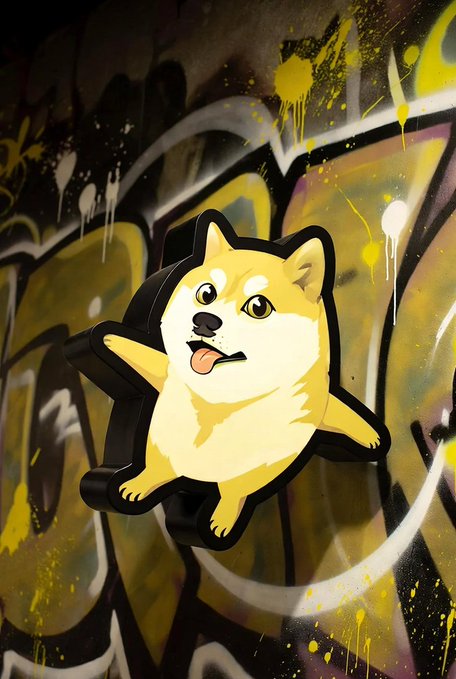 A stylized illustration of a smiling Shiba Inu dog (Doge) overlaid on a dark graffiti-covered wall with yellow paint splatters.