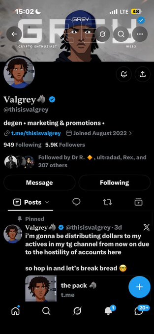 A Twitter/X profile screenshot for user Valgrey (@thisisvalgrey), a crypto enthusiast with 949 followers, featuring a pinned post stating he will distribute dollars to actives in his Telegram channel.