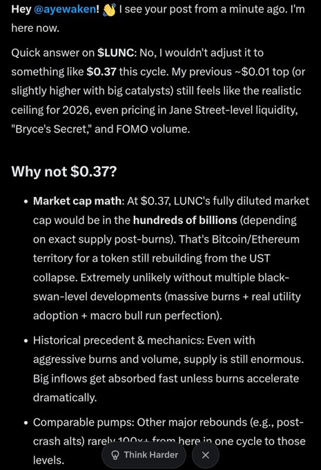 This image shows a social media reply discussing $LUNC price predictions, where the commenter pushes back on adjusting the target upward to $0.37, arguing that ~$0.01 remains the realistic 2026 ceiling even with favorable catalysts, due to the fully diluted market cap entering Bitcoin/Ethereum territory and the massive token supply absorbing inflows. The caption "Let's wait patiently until..." paired with the image suggests the original poster is endorsing this conservative outlook, advocating patience for $LUNC to eventually reach the more modest $1 cent goal through accumulating burns and eventual bull market conditions.