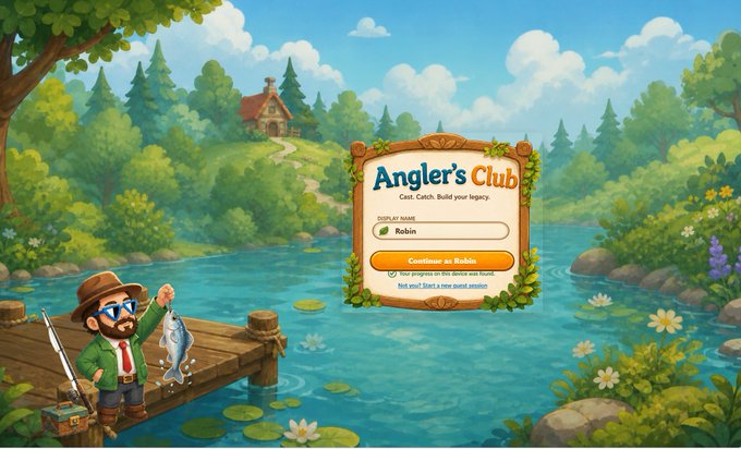 A colorful illustrated login screen for 'Angler's Club - Cast. Catch. Build your legacy' game, showing a cartoon fisherman holding a fish on a wooden dock beside a river, with a display name 'Robin' entered and a 'Continue as Robin' button.