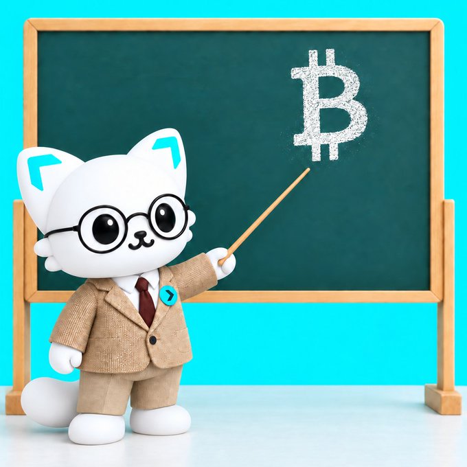 A cute 3D-rendered white cat character wearing glasses and a tan suit stands in front of a chalkboard, using a pointer to indicate a chalk-drawn Bitcoin (₿) symbol, illustrating the post's metaphor of a teacher explaining cryptocurrency knowledge and risks. The image visually reinforces the "Happy Teachers' Day" message by portraying the character as an instructor sharing financial wisdom with the community.