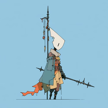 An anime-style illustration shows a character in profile wearing a pointed white hood and teal coat, carrying a spiked spear alongside a tall, mechanical staff.