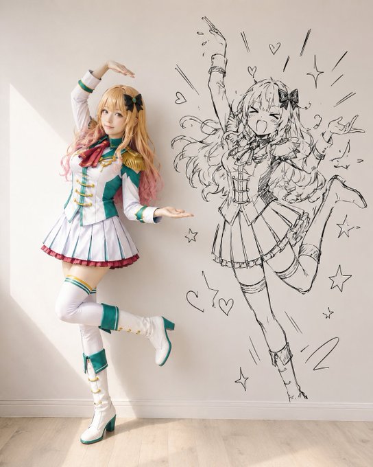 A cosplayer with orange and pink twin-tails poses in a teal and white military-style school uniform with thigh-high boots, mirroring the animated manga illustration drawn on the wall beside her, which depicts a cheerful version of the same character surrounded by hearts and stars.