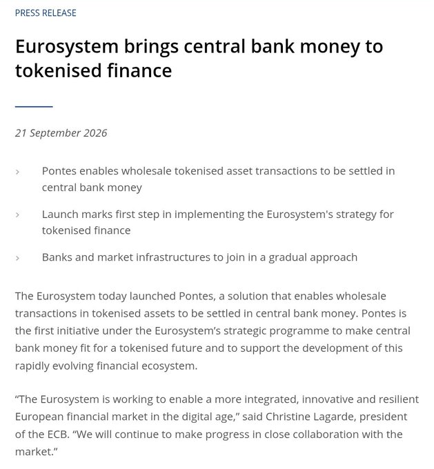 A press release dated 21 September 2026 announces 'Eurosystem brings central bank money to tokenised finance', detailing the launch of 'Pontes' to settle wholesale tokenised asset transactions.