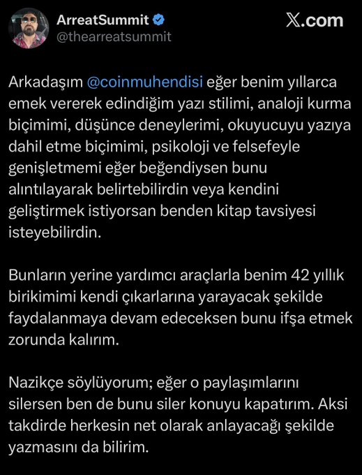 A Turkish-language tweet from verified user @thearreatsummit addressing @coinmuhendisi, warning about AI tools using his writing style and threatening exposure.