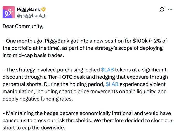 The image shows a screenshot of a message posted on social media from PiggyBank, a bank service provider. The post includes several emojis such as the one that reads " :)", indicating a friendly tone. The message is directed towards the PiggyBank community, explaining the reason behind the institution's decision to close its LAB hedge and ending with advice for users of USDC Vaults on how to minimize potential losses due to extreme market conditions or negative funding rates.