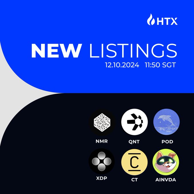 HTX announces new listings for $NMR, $QNT, $POD, $XDP, $CT, and $AINVDA on 12.10.2024 at 11:50 SGT. The promotional graphic displays the six tokens with their logos against HTX's blue and black branding.