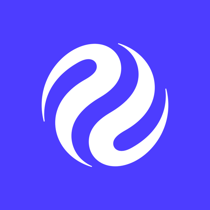 A white stylized swirling logo on a solid blue background.
