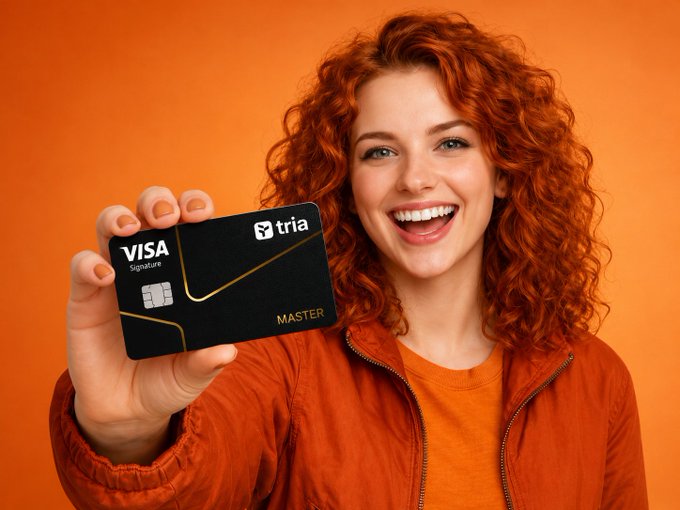The image features a woman holding up a black Visa Mastercard card against an orange background. The focus of the image is on the card itself, with no other objects or people present. This could be part of a promotional campaign for the credit card company or simply showcasing the card's design and functionality to potential customers.