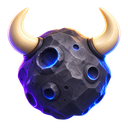 A 3D-rendered dark purple asteroid-like sphere with glowing blue crevices and golden horns floats against a white background.