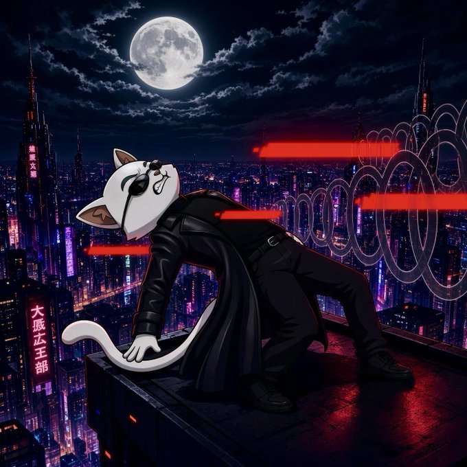 An anime-style illustration of a white cat with an eyepatch wearing a black trench coat, crouching on a rooftop with a full moon and a neon cityscape in the background.
